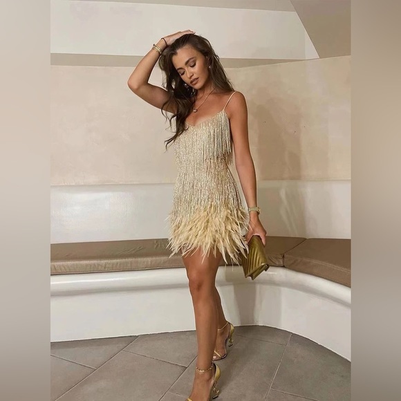 Golden Ballerina Sexy Fringe Feather Mini Dress With Beaded Tassles - Picture 6 of 13